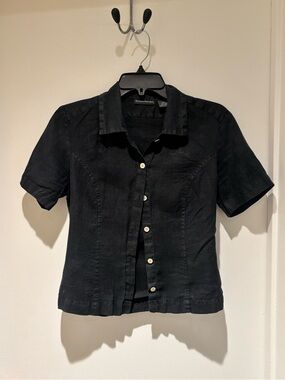 Banana Republic Black 100% Linen Short-Sleeve Pearlescent Button Down Top Size 6